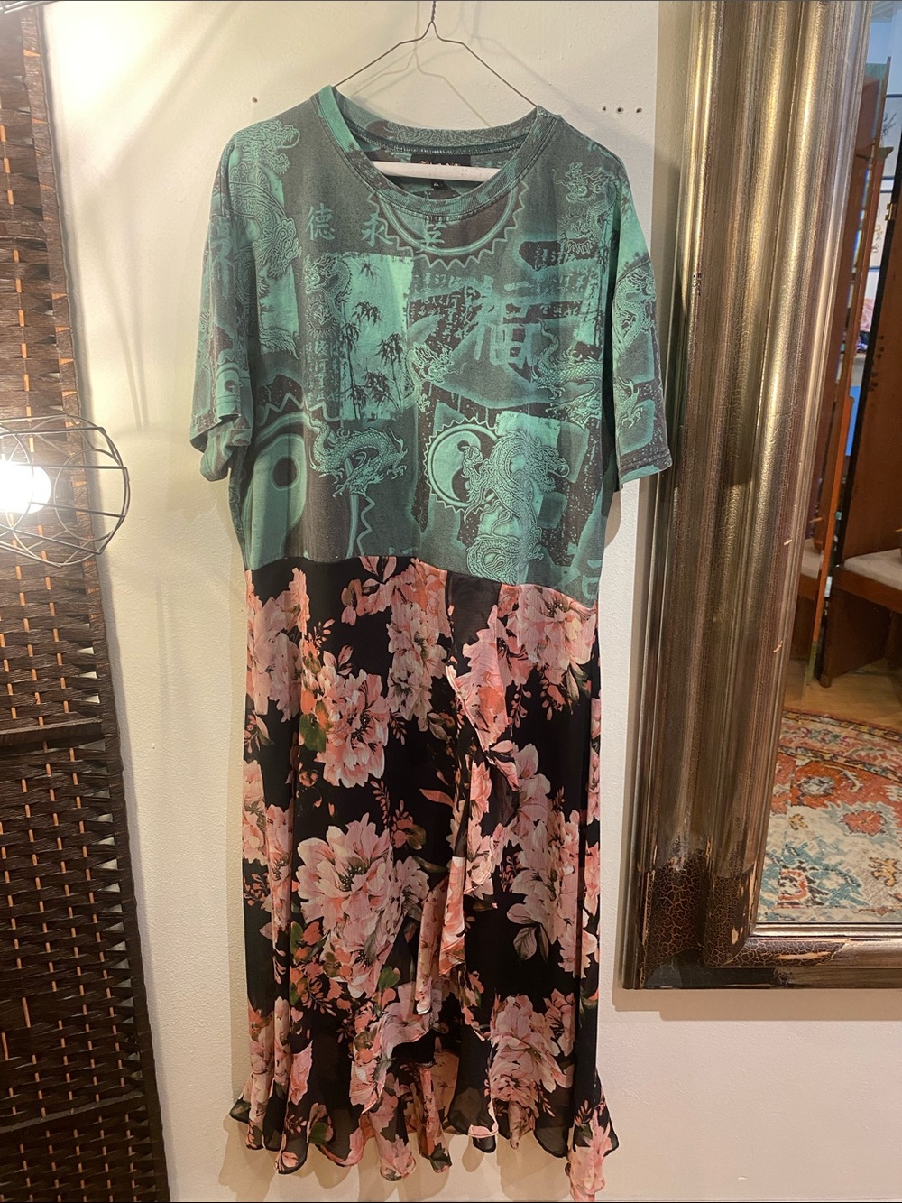 OOAK Upcycled Y2K graphic tee Green and Black Floral Mixed-Print Women’s Dress